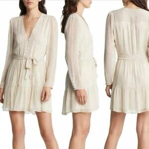 NWT PAIGE XL 100% Silk Truett Ruffle Long Sleeve Lined Dress Off-White